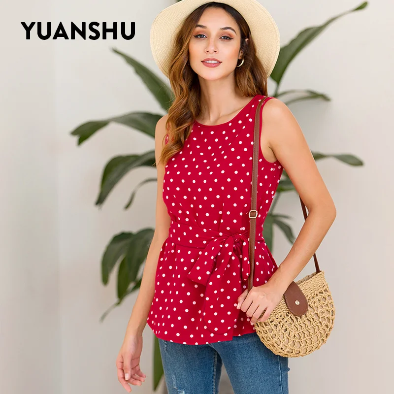 

YUANSHU 2019 Elegant Polka Dot Print Summer Women Blouse Shirt O Neck Sleeveless Knot Waist Red Office Ladies Tops