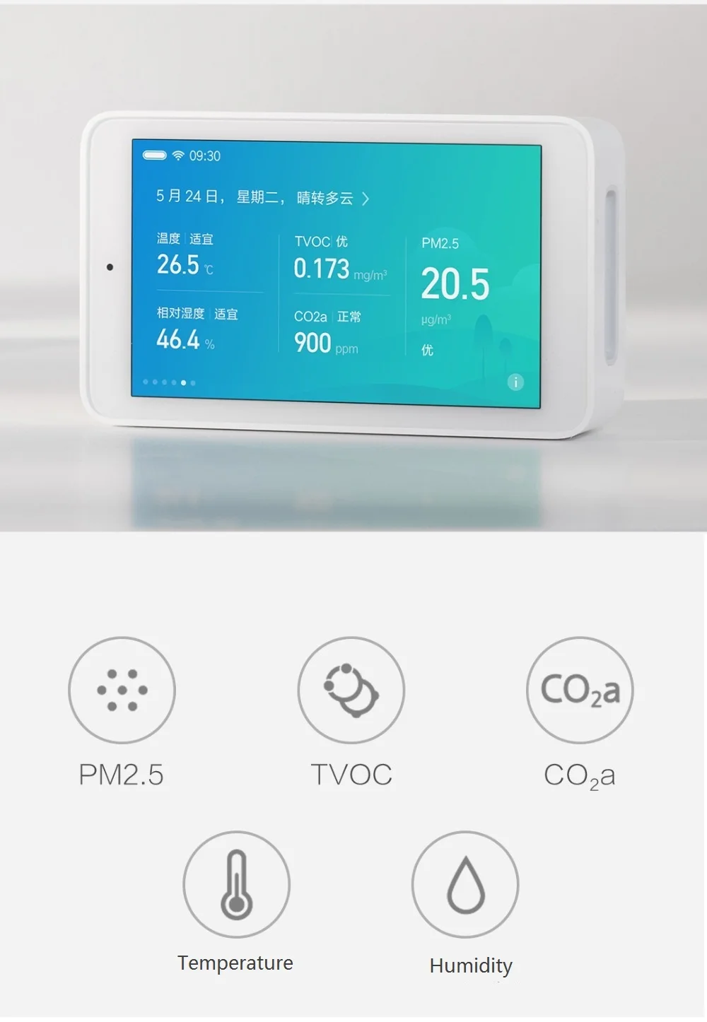 

Air Quality Tester 3.97-inch Screen USB Interface Remote Monitoring TVOC CO2 PM2.5 Temp and Humidity Measurement