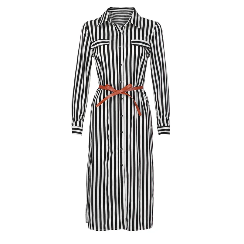 Women Autumn Dress Fashion Stripe Printed Long Sleeves Button Bandage Belt Shirt Long Dress Elegant Vestido Wholesale #K07 (1)