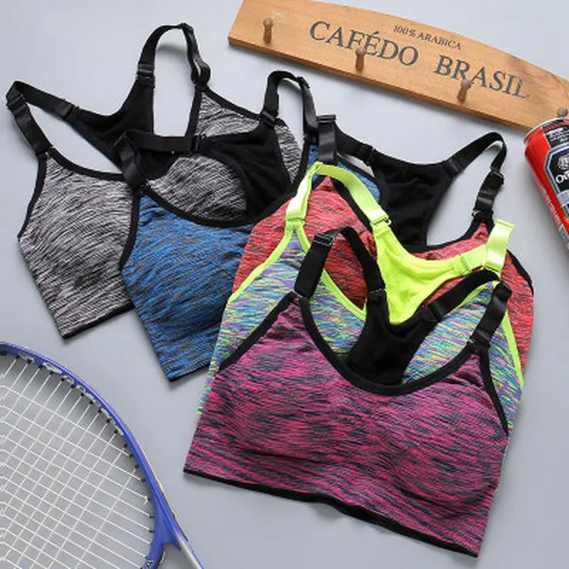 Quick Dry Sports Grey Bra Women Padded Wirefree Adjustable Shakeproof Fitness Underwear Push Up Seamless Yoga Running Tops