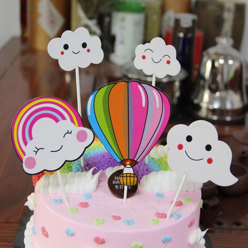 1pcs Cupcake Cake Topper Cloud Colorful Hot Air Balloon Rainbow For Happy Birthday Cake Flags Party Wedding Baby Shower Decor 8z