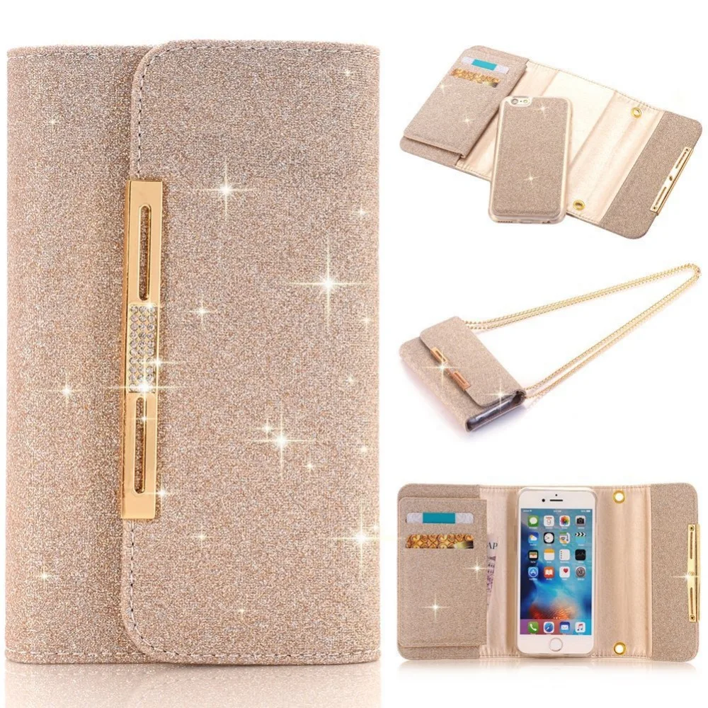 Baratos 2 en 1 de diamante Bling bolso cartera Flip Funda de cuero con brillos cubierta con cadena de Metal para Iphone 11 Pro XS Max XR 8X8 7 6 6S Plus