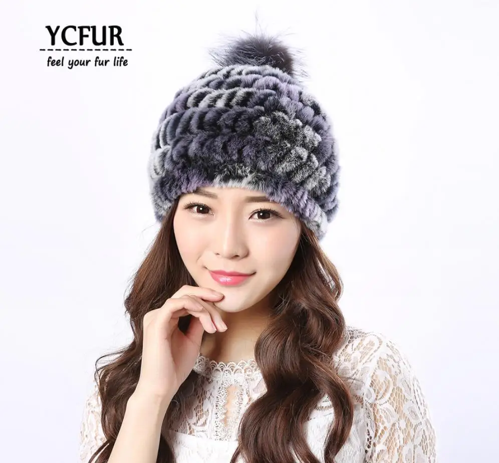 YC Fur Модные женские зимние шапки мягкие теплые вязаные шапки из меха кролика рекс с серебристой лисой меховой помпон шапка бини Женская - Цвет: multicolor 3