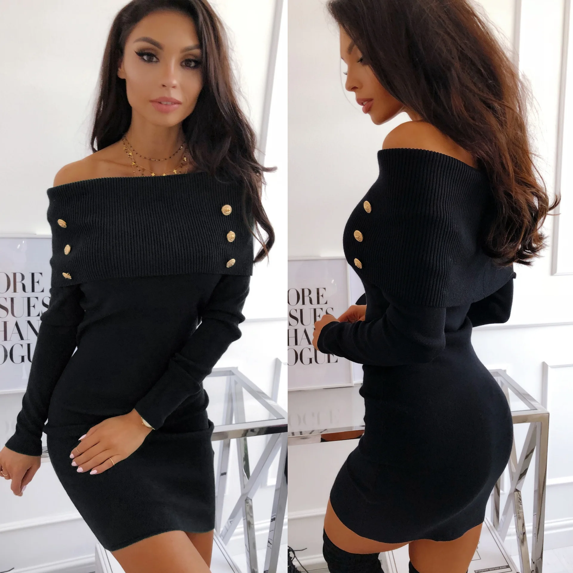 2018 Sexy Fashion Button Slash Neck Long Sleeve Skinny Mini Dress Women Party Dress Women