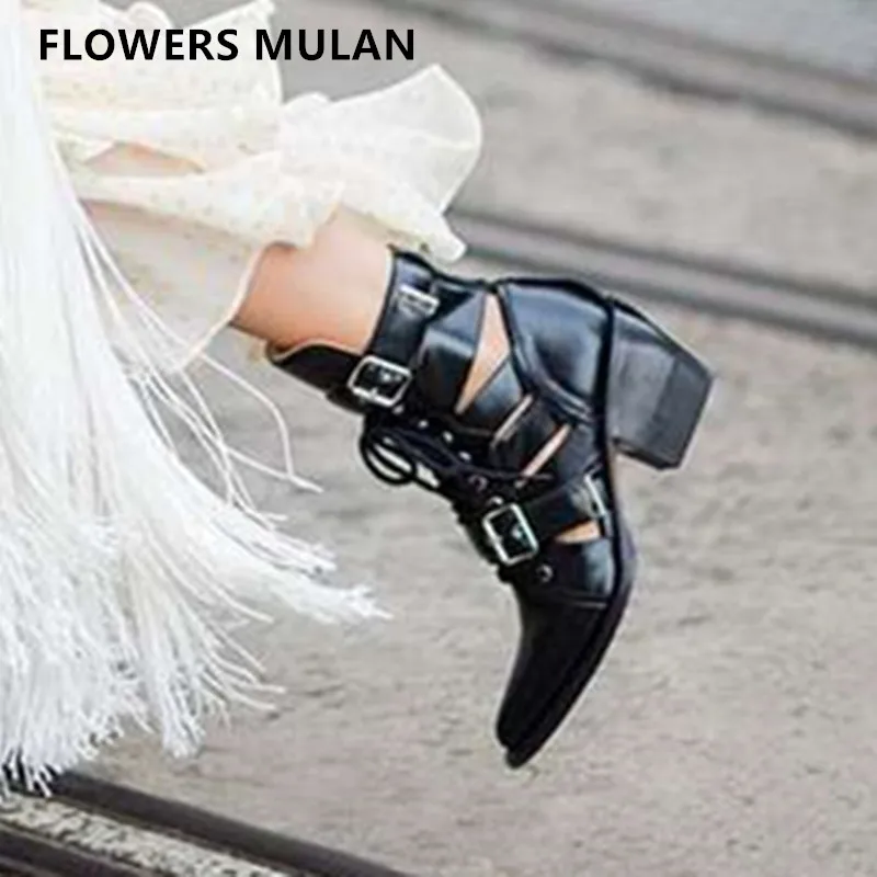 

New Arrival 2018 Spring Martin Square Chunky Heel Elegant Lady Boots Patchwork Canvas Leather Upper Pointed Toe Two Buckle Shoes