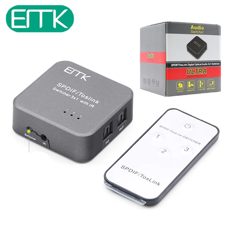 

EMK Portable Mini Optical Audio Switcher SPDIF TOSLINK Digital Optical Audio 3x1 Switcher 3 Inputs 1 Output with IR Remote