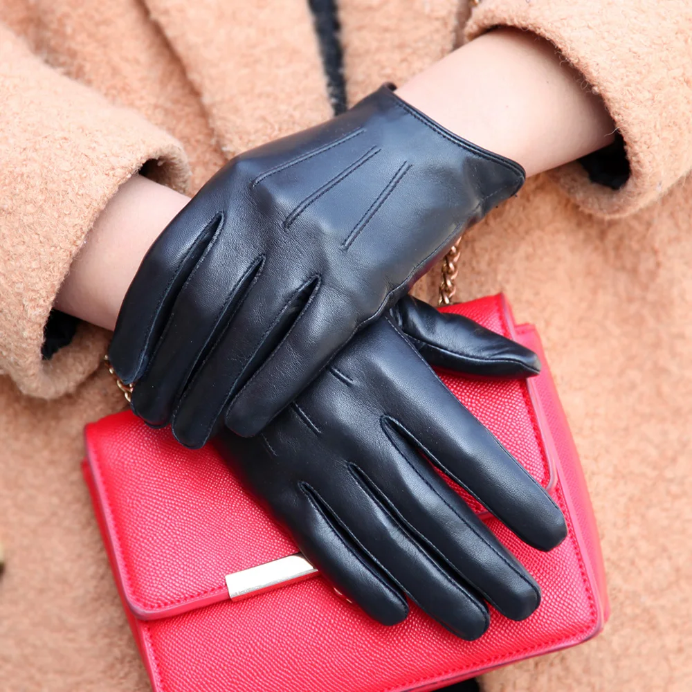 Touchscreen Genuine Leather Gloves Female Thin Style Plus Velvet Keep Warm Driving Short Style Thicken Sheepskin Gloves  L181