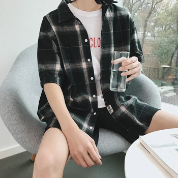 

Best 2019 New Summer Fashion Lattice Tide Man Short Sleeve Hong Easy Shirt camisa social camiseta masculina Free shipping