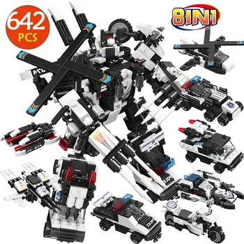 

642pcs WW2 Military Fighter Car Building Blocks Compatible 8 IN 1 City Police War Generals Mech Robot Bricks Kids Toys