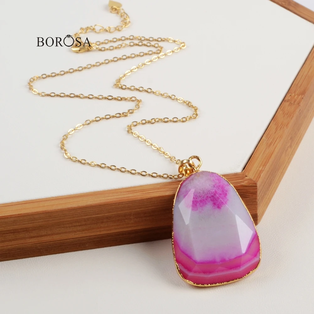 

BOROSA Teardrop Rainbow Onyx Agates Druzy Geode Faceted Charm Pendant Necklace Gold-color Jewelry CL206