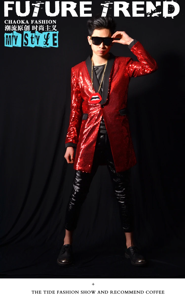 M-6XL! ночной клуб бар певец DSDJ Quan Zhilong GD красный блестки длинный костюм бар костюм аксессуары