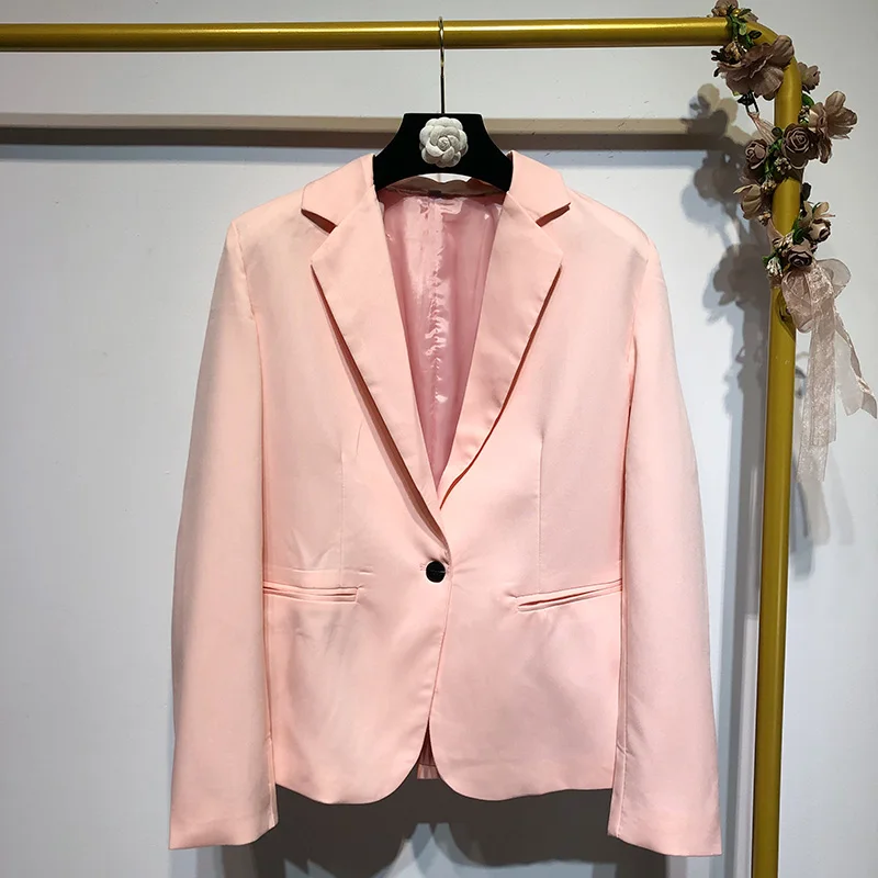 Newest OL Pink 2 Piece Set Women Single Button Long Sleeve Short Office Lady Blazer Jacket & Women's Pants Suit Outerwear Suits