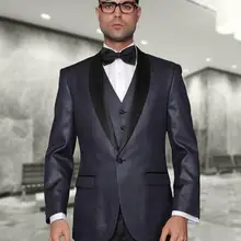 Горячая Распродажа индивидуальные темно-синие свадебные смокинги Черная куртка с лацканами+ брюки+ галстук+ жилет мужской смокинг, костюм жениха лучшие мужские костюмы