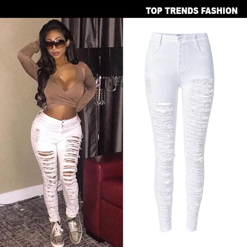 

Women Streetwear Punk Stripe hole Ripped Jeans large size plus size woman Pencil skinny Jeans calca jeans feminina 2764