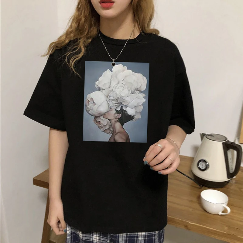 

Summer woman flower casual art print tees art short sleeve new tee ulzzang loose tops Harajuku tees S-2XL O-neck shirt