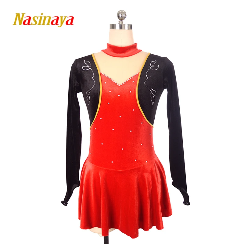 

customized velvet ice figure skating dress rhythmic gymnastics rose red adult child girl show skirt competition rhinestone