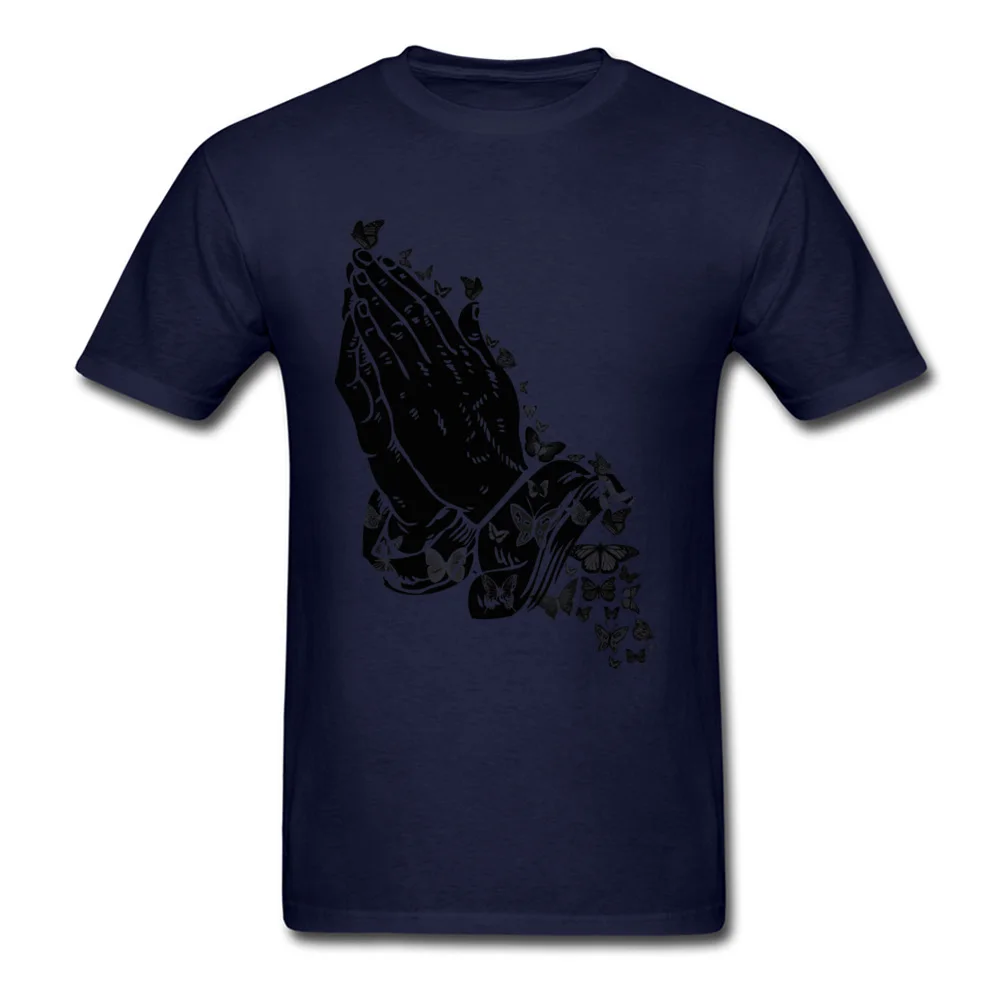 Praying hands and butterflies Crazy T-Shirt for Male 100% Cotton Summer Tops T Shirt Tee Shirt Short Sleeve Brand Crew Neck Praying hands and butterflies navy