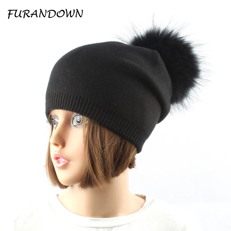 

Women winter wool knitted hats pompom beanie natural fox fur pompons hat solid color causal hat cap