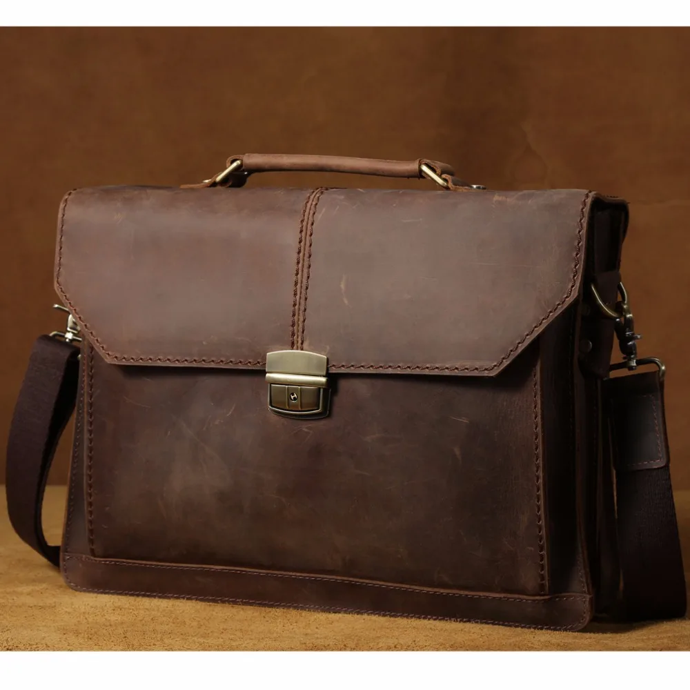 

TIDING Genuine Leather Briefcase Business Handbag Laptop Notebook Bag Retro Style Document Bag Men Brown Canvas Strap 1078