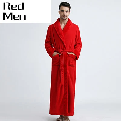 Женский удлиненный утепленный флисовый термо-халат, кимоно, меховой фланелевый теплый банный халат, зимний халат, мужские халаты, пеньюар - Цвет: Men Red