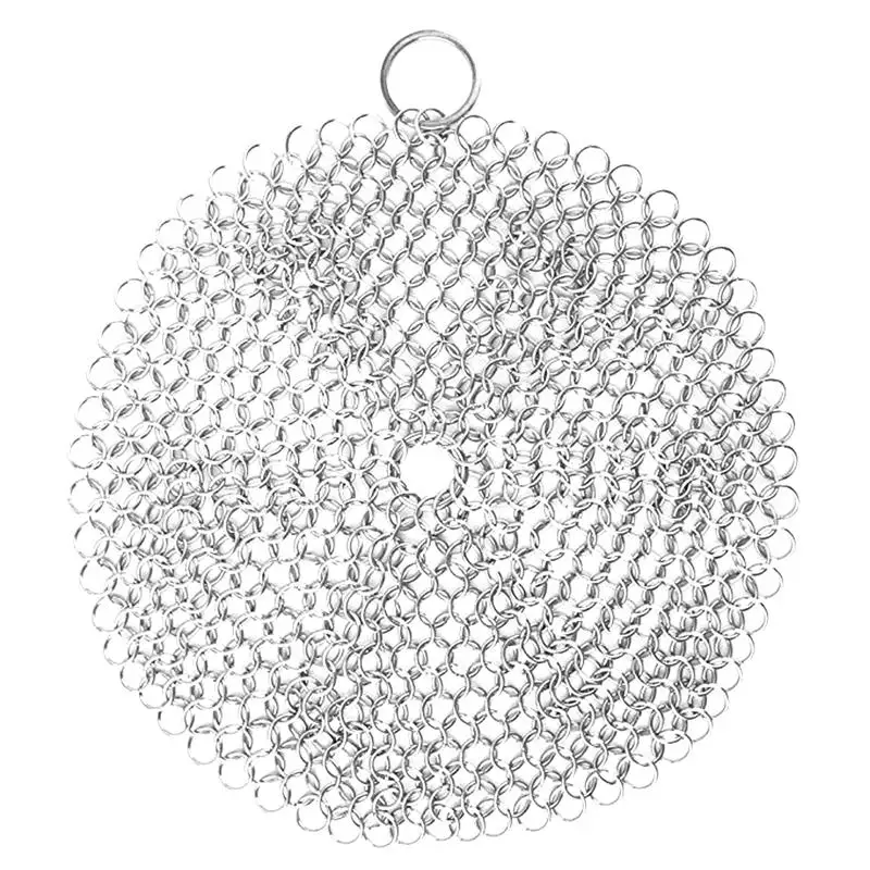 

7x7 Inch Cast Iron Cleaner Stainless Steel Chain Mail Scrubber with Corner Ring for Skillet Pan Pot and Wok