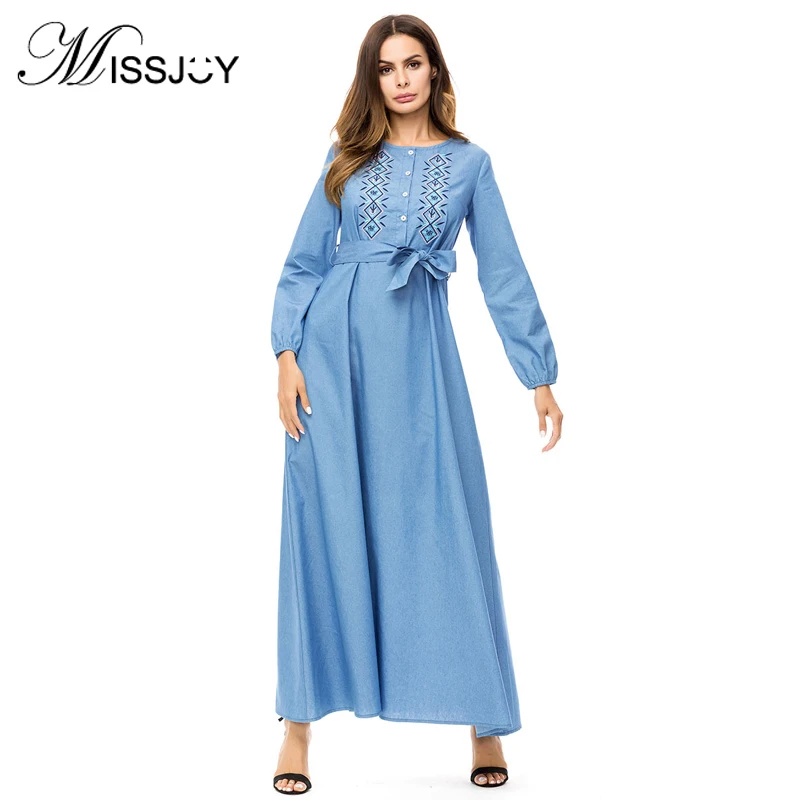 

MISSJOY Autumn Plus size muslim dresses Fashion Women Long Sleeve Embroidery Casual Loose abaya Party girls Long turkish dress