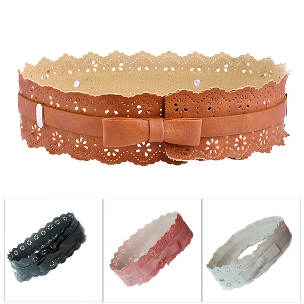 New Fashion Belt PU Leather Hollow Flowers Lace Bowknot Bow Tie Wide
