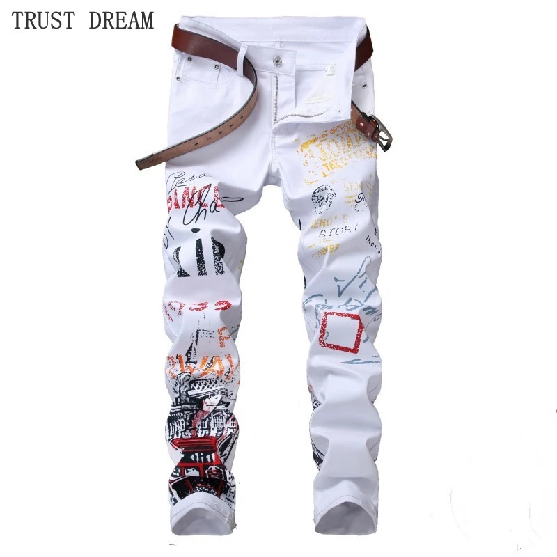 

Paris Style Men Slim Jeans Print Letter Colorful Floral Paint Personal Pants Hombre High Street Hip Hop Punk Amazing Clothing