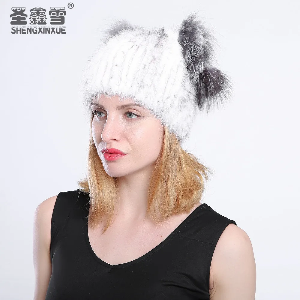 women's genuine mink fur hat with fur pom poms winter autumn lovely cat