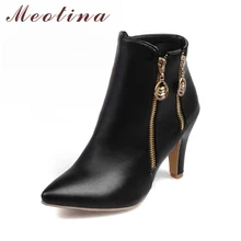 Meotina Women Winter Ankle Boots Autumn High Heel Boots Pointed Toe Martin Boots Zipper Shoes 2017 Black White Large Size 45