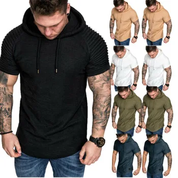 

2019 New Brand Fashion Mens Pullover T-shirt Hooded Tops Pleated Short Sleeve Tee Slim Solid Casual