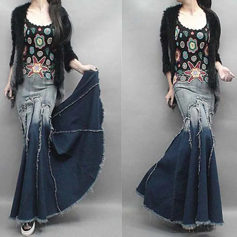 

Free Shipping 2019 New Fashion Long Floor Length Denim Jeans Skirts For Women Plus Size S-XL Mermaid Style Skirts With Tassels