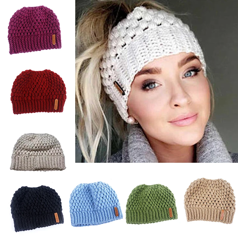 Fashion Women Ponytail Beanie Hat Bun Stretch Knitted Cap Warm Hats