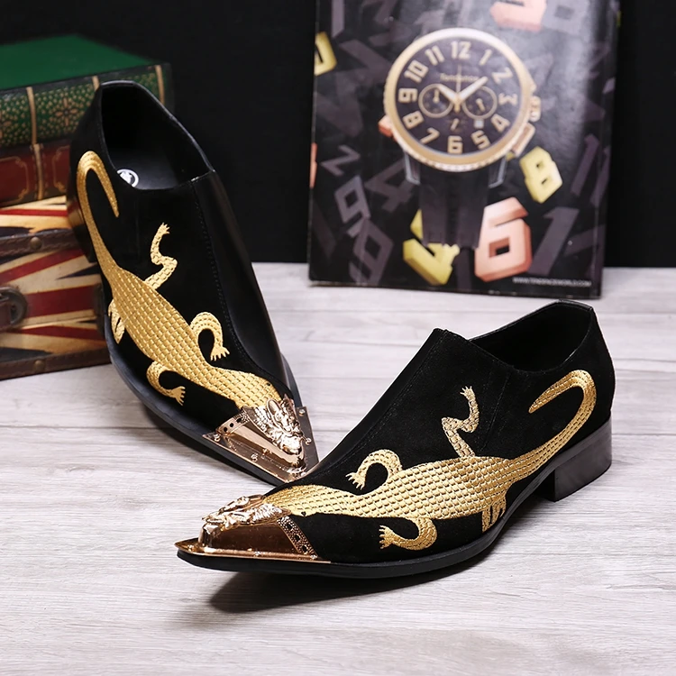 

Formal Business Shoes for men Embroidery Gold Metal pointed toe Flat Heel Slip on Wedding Shoes Big Size Euro 46 Genuine Leather