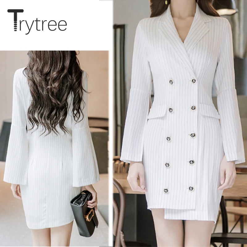 Trytree Весна Лето Формальное элегантное платье женское узкое Полосатое