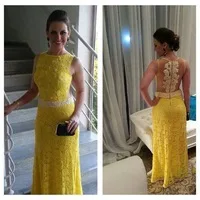 Vestido De Festa 2014 Sexy Sleeveless Floor Length Sheer Back Yellow Lace Pearls Long Formal Party Evening Dresses Prom Dress