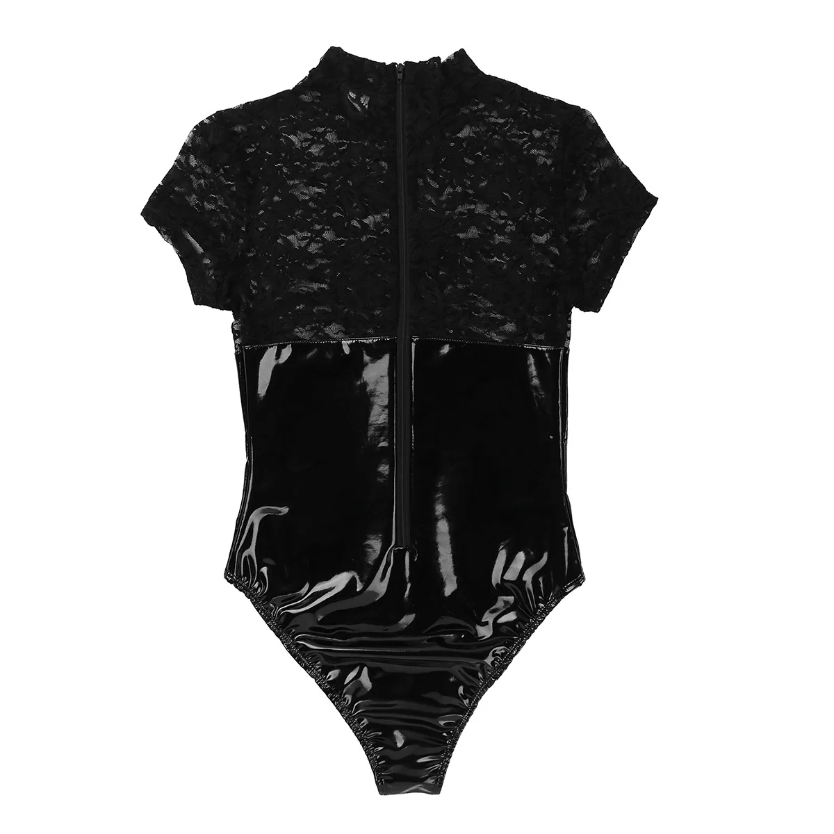 sexy bodysuit Wetlook Faux Leather Black Bodysuit Women Female 2020 Lace Splice Back Zipper Jumpsuit Sexy Bodycon High Cut Bodysuit Nightwear black bodysuit