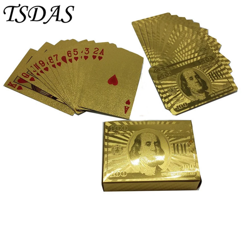 (100 USD الذهبي بطاقات + خشبي مربع + شهادة بطاقة) 24 K الذهب أوراق اللعب الترفيه ألعاب الطاولة