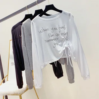 

2019 New Loose Ferrule Short T-shirt Female Spring and Summer Thin Pleated Print Shirt Sun Smock Tide Long Sleeve Top