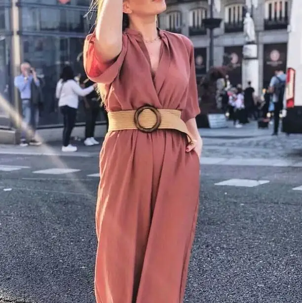 2019 Summer Women Rust Red Color V-neck Jumpsuits Short Sleeves Wide Leg Rompers With PU Belt combinaison femme 2019 Summer Women Rust Red Color V-neck Jumpsuits Short Sleeves Wide Leg Rompers With PU Belt combinaison femme