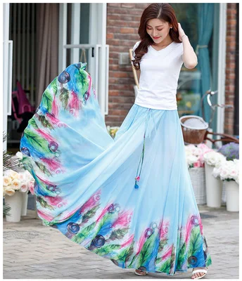 Сделанная на заказ летняя шифоновая юбка с принтом Женская эластичная юбка макси с высокой талией юбка с большим низом с голубыми цветами А-силуэта для женщин - Цвет: 10