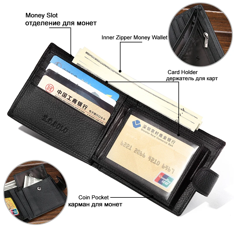  X.D.BOLO Wallet Men Leather Genuine Cow Leather Man Wallets With Coin Pocket Man Purse leather Mone