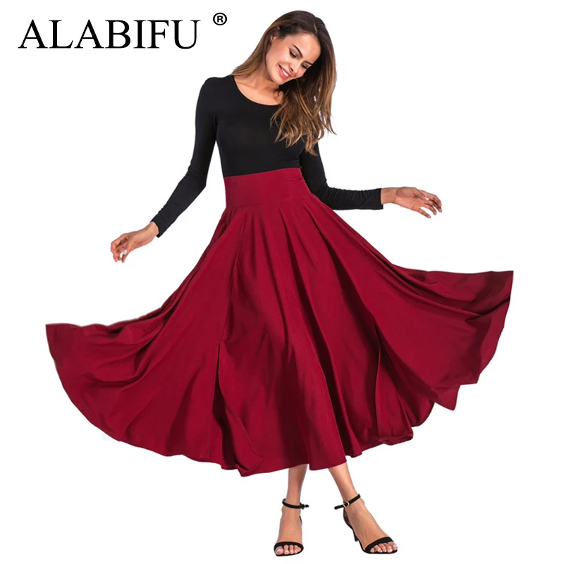 

ALABIFU High Waist Summer Women Long Skirt 2019 Casual Elegant Solid Ball Gown Skirt Female Vintage Sexy Party Skirt Black Red