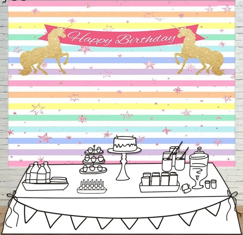 

Colorful Striped Golden Unicorn Baby Shower Stars Backgrounds Vinyl cloth Computer print birthday photo backdrop