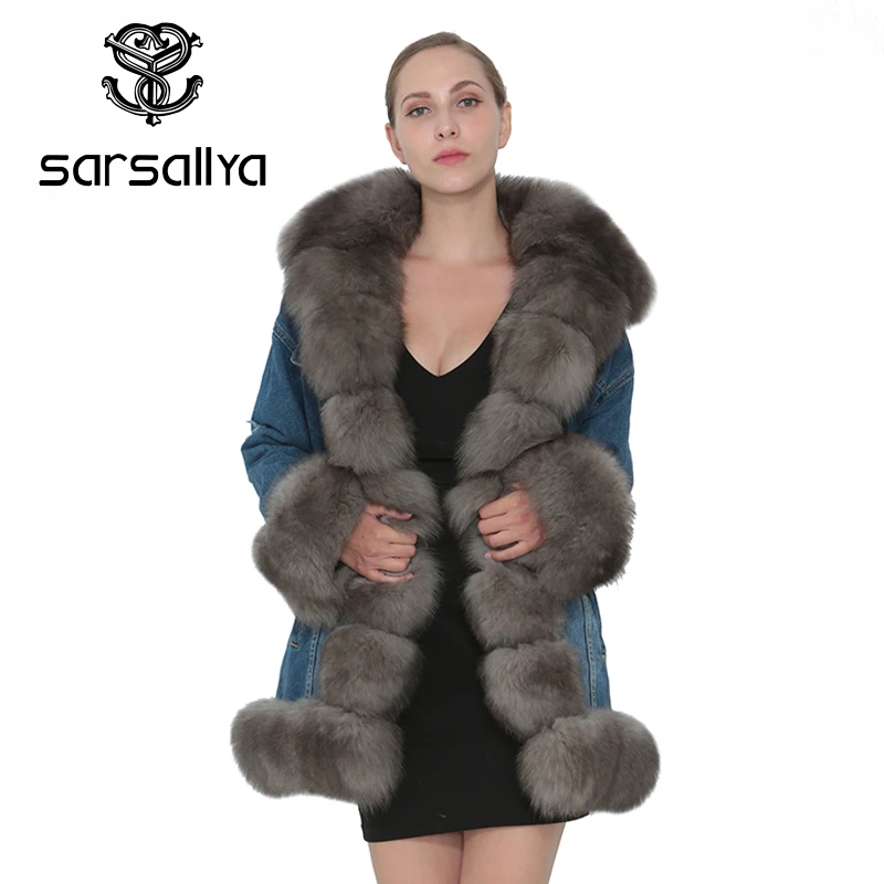 SARSALLYA Women Winter Warm Real Fox Fur Collar Denim Parka Jacket And Coat Women Clothing Jacket Overcoat Natural Fur Denim Par