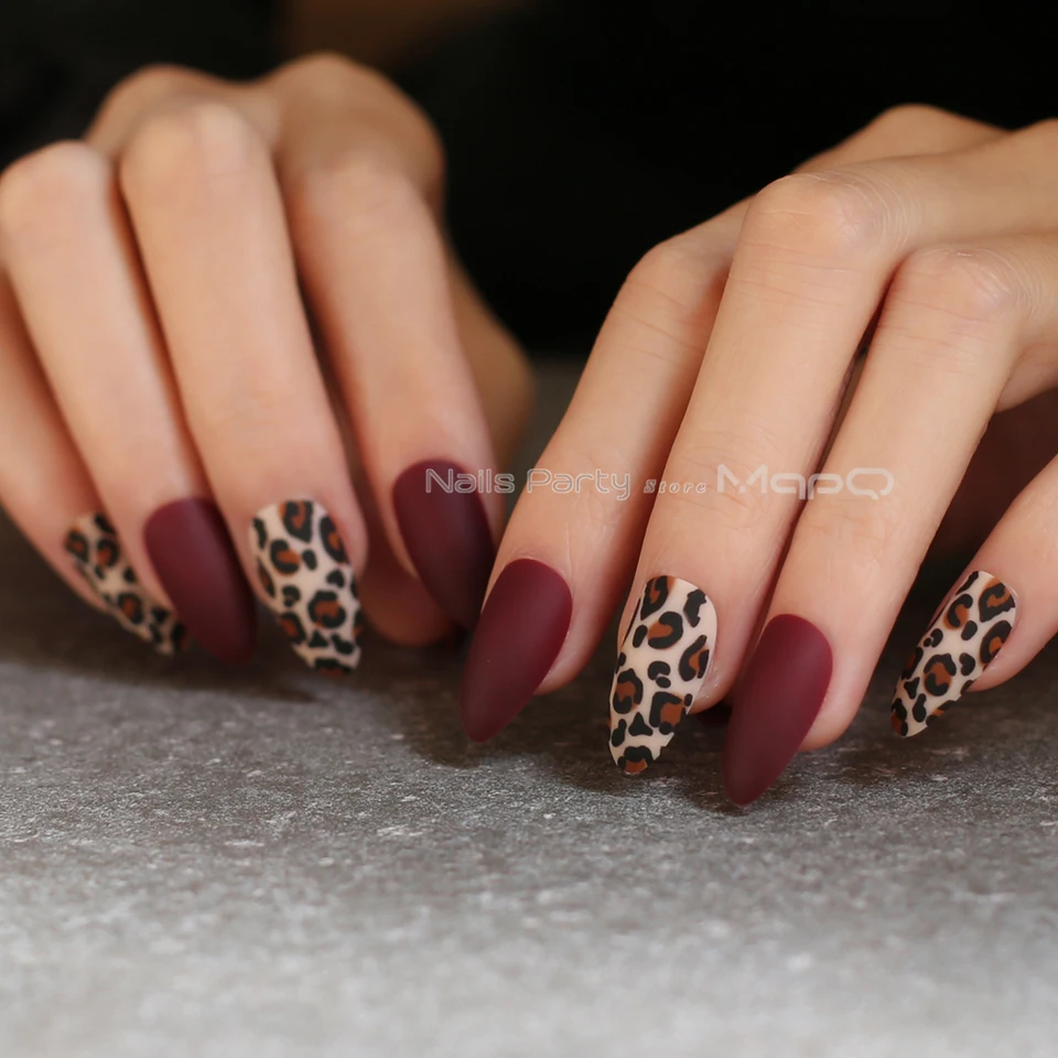 Matte Black Almond Leopard Print Fasle Nails Scrub Burgundy Tiger Nude Fake Nail Stiletto 24pcs Full Sets Faux Ongles - False Nails - AliExpress