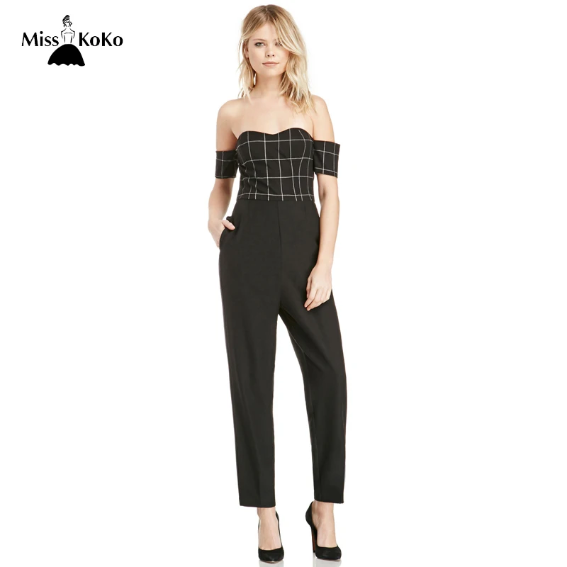 Misskoko Black Sexy Strapless Backless Slim Jumpsuit Off Shoulder Check Contrast Seam Romper Slash Neck Zipper Back Playsuit | Женская