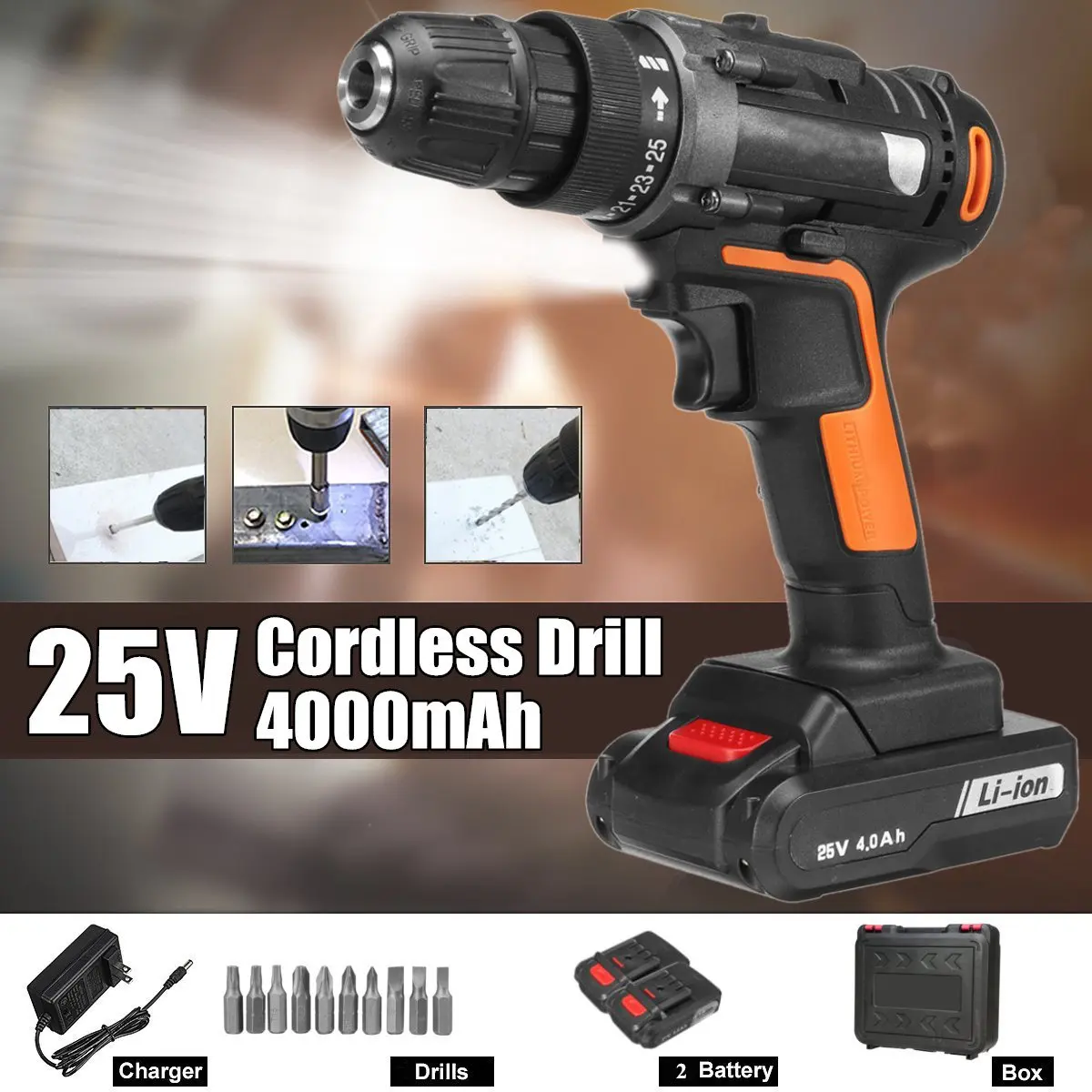 

2 Speed Electric Screwdriver Cordless Drill Mini Wireless Power Driver 48Nm Max Torque 3/8" Chuck LED Light 2 Li-ion Battery