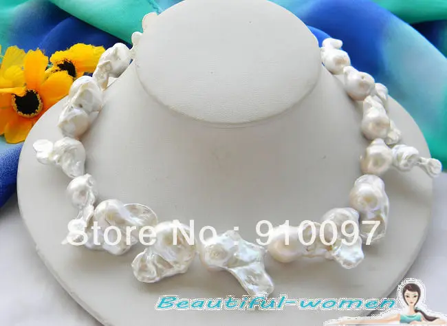 

free shipping >>>Huge 17inch 28mm white baroque keshi reborn pearl necklace