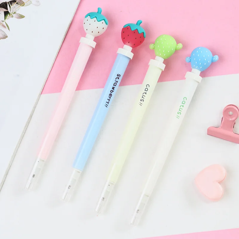 4 Pcs/set Lovely Gel Pens Cartoon Strawberry Cactus Black Colored Light Gel Pens for Writing